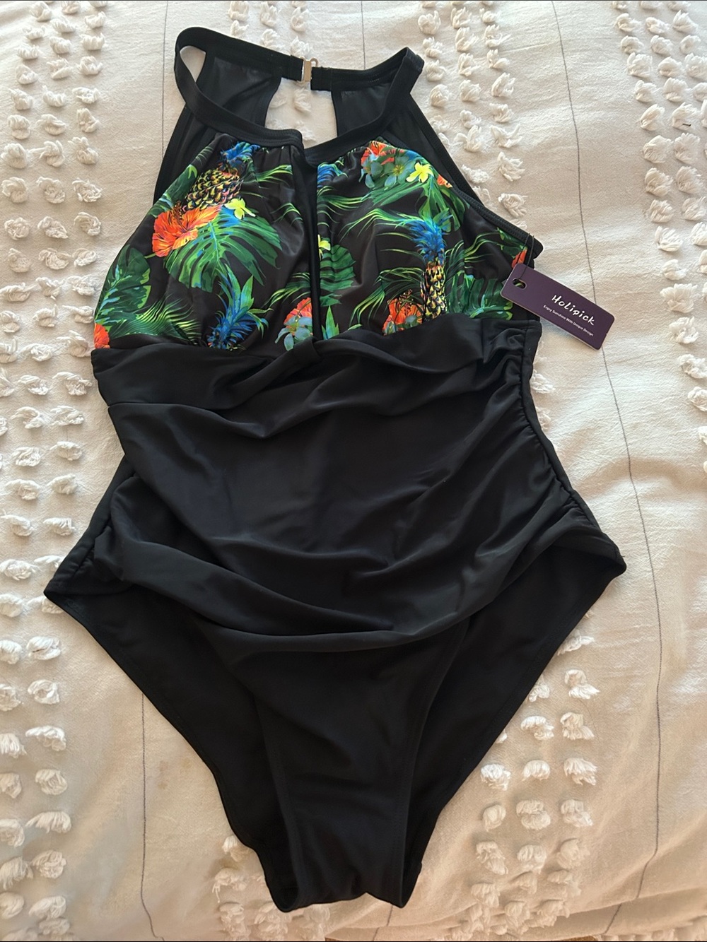 Holipick Black One-Piece Swimsuit with Tropical-Print Bust